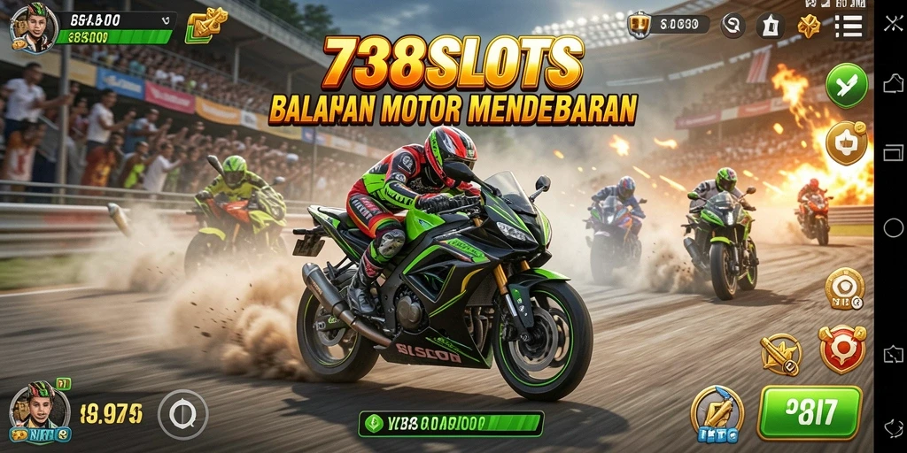 Screenshot menunjukkan aksi balapan motor yang cepat dan dramatis.